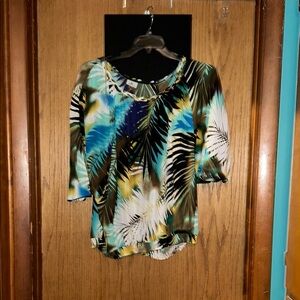 Worthington Blue and Black Graphic 3/4 Sleeve Blouse